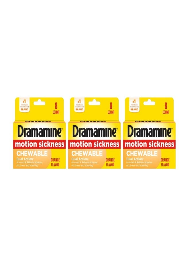 Dramamine Chewable Formula Motion Sickness Relief | Orange | 8 Count | 3 Pack - Image 1